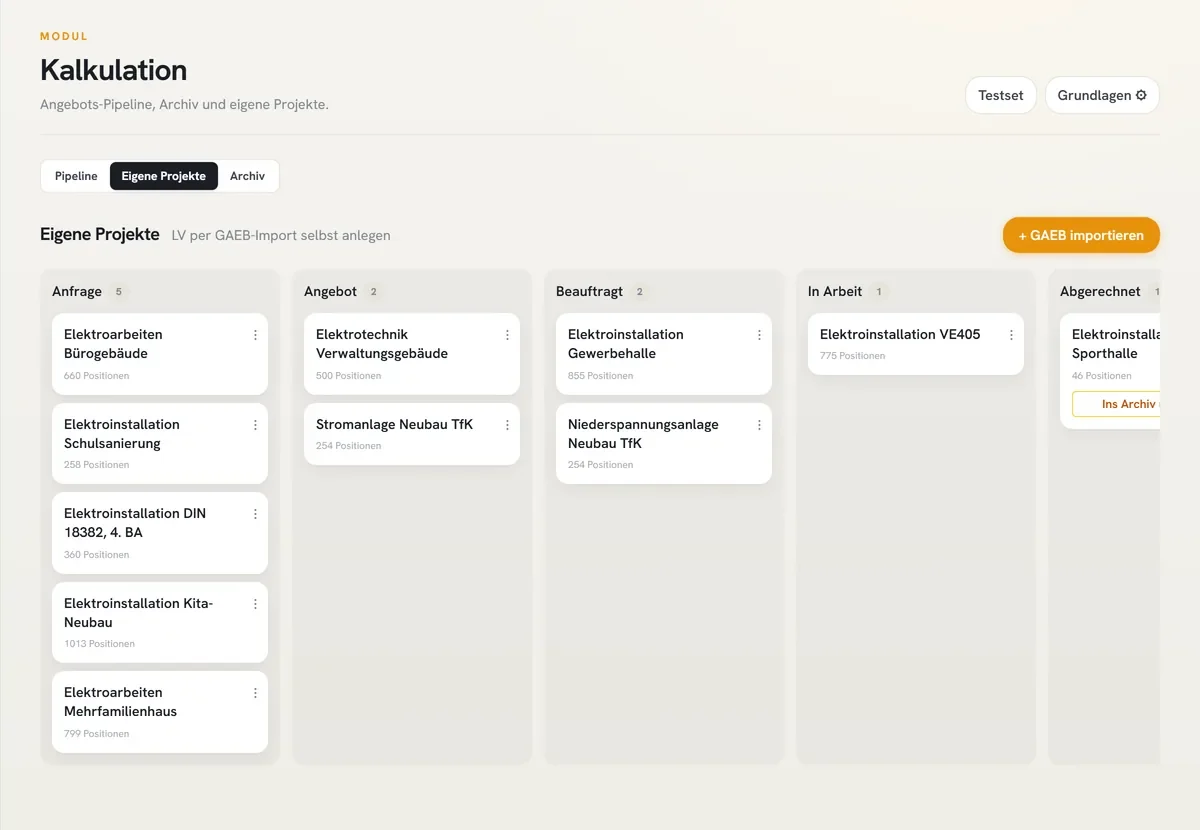 Projekt-Pipeline mit den Spalten Anfrage, Angebot, Beauftragt, In Arbeit und Abgerechnet